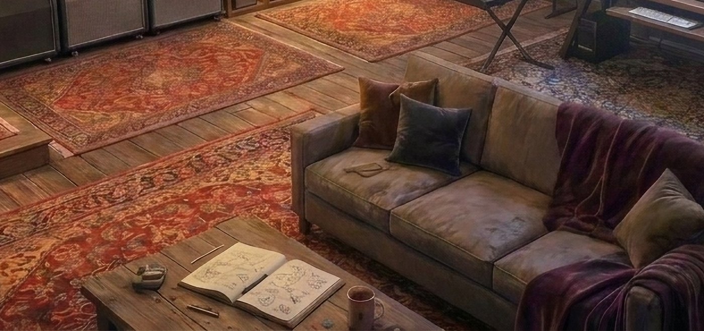 Painted detail of the foreground couch and coffee table with an open notebook, a mug, and a guitar pick.