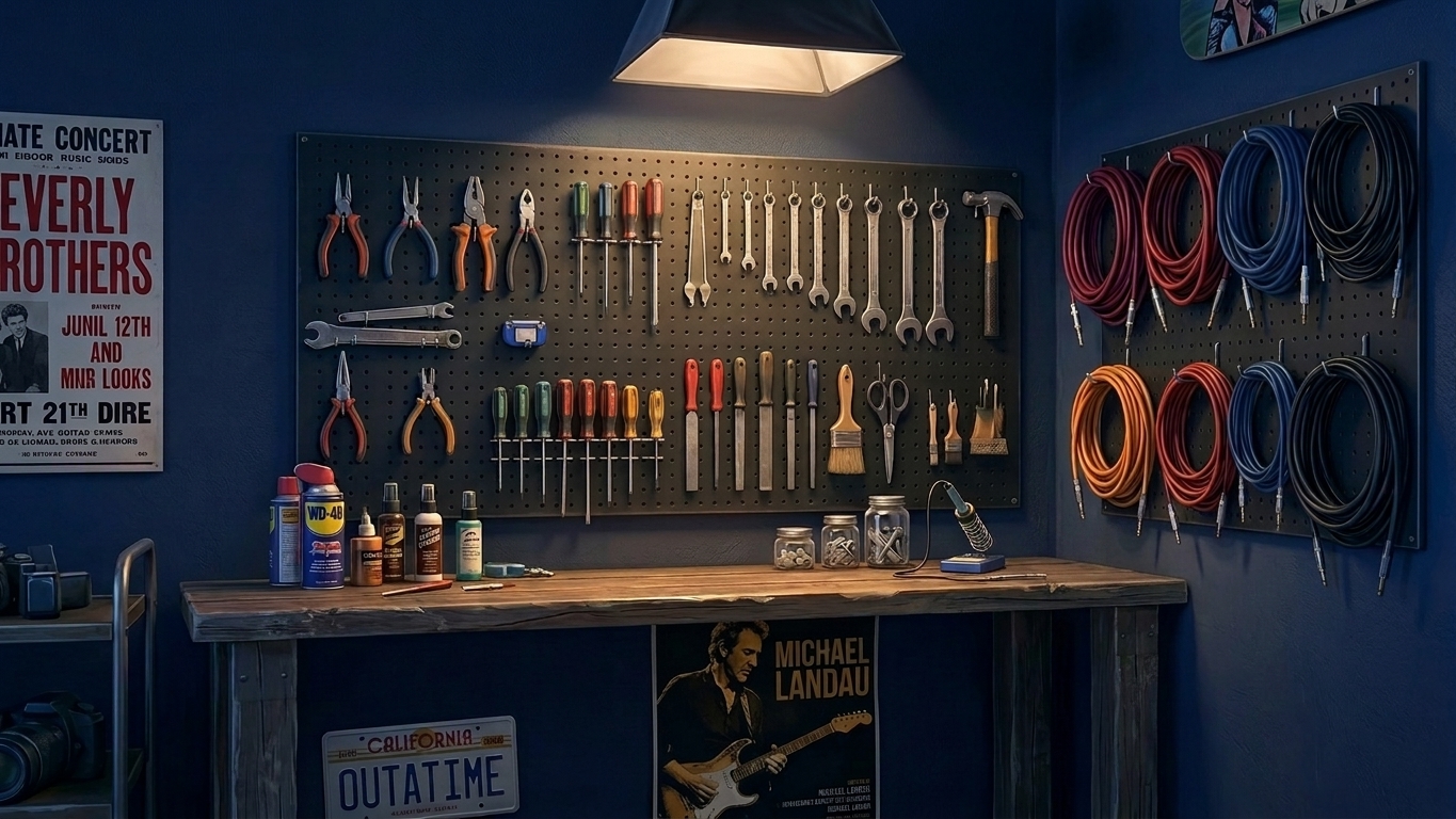 Painted detail of the workshop wall with hung tools and color-coded cables hanging from the pegboard on the right side of the room.