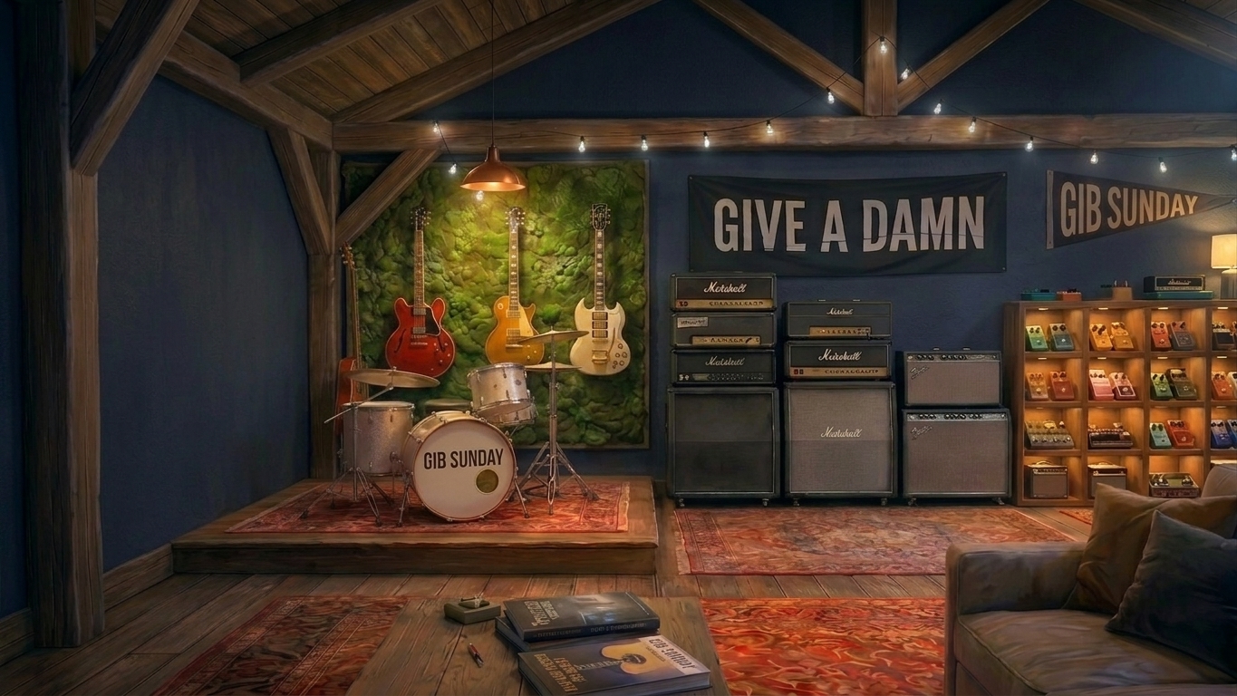 Painted detail of the back wall: GIVE A DAMN banner above the amp stack, with the GIBSUNDAY pennant beside it.