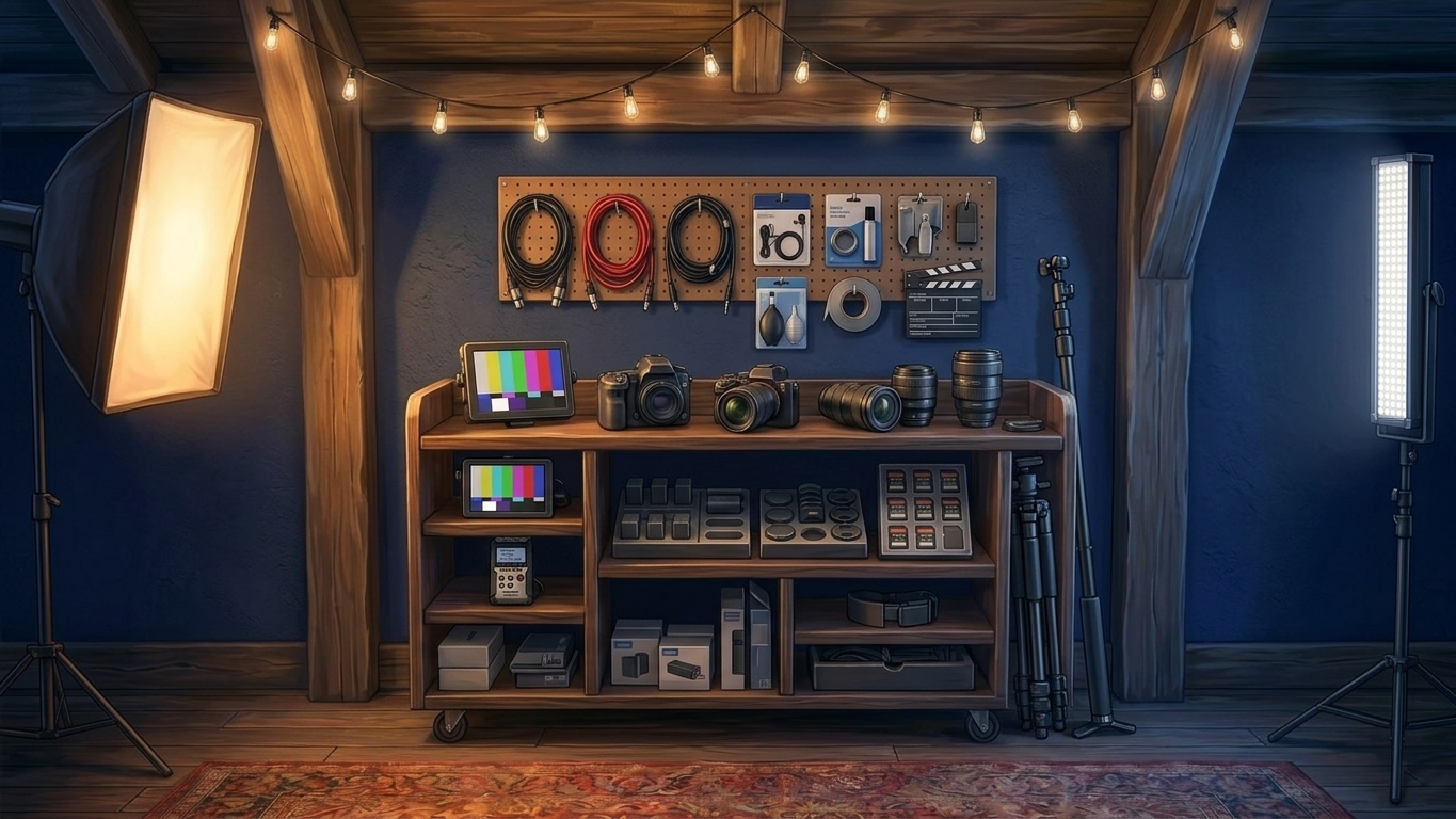 Painted detail of the amp wall: VOX, Fender silverface, and Marshall heads stacked above a pedalboard cubby with each pedal individually lit.