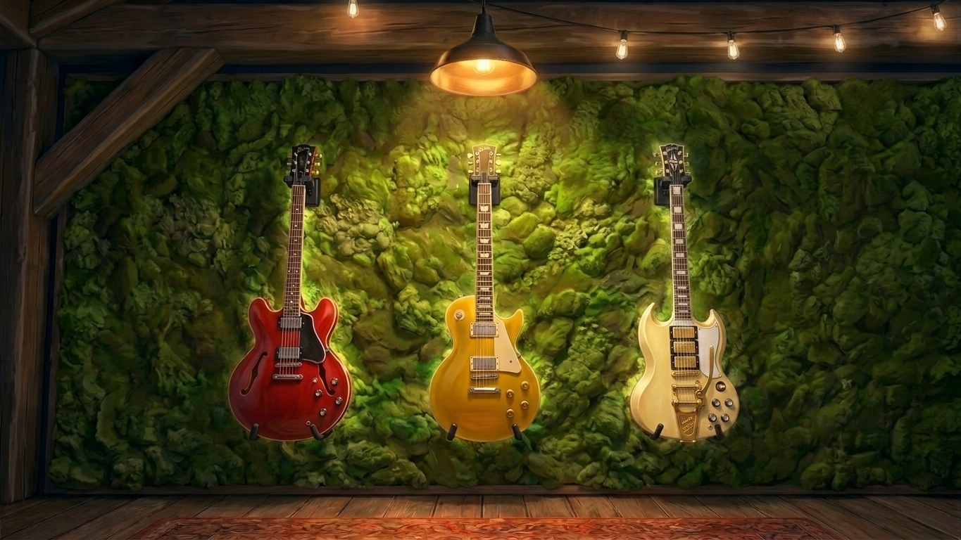 Painted detail of the moss wall guitar shelf with cherry red ES-335, goldtop Les Paul, and sunburst guitar above the drum kit.