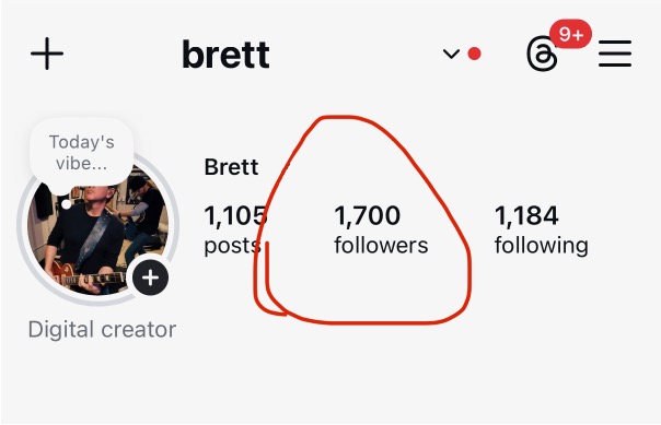 Brett's Instagram profile showing 1,700 followers.