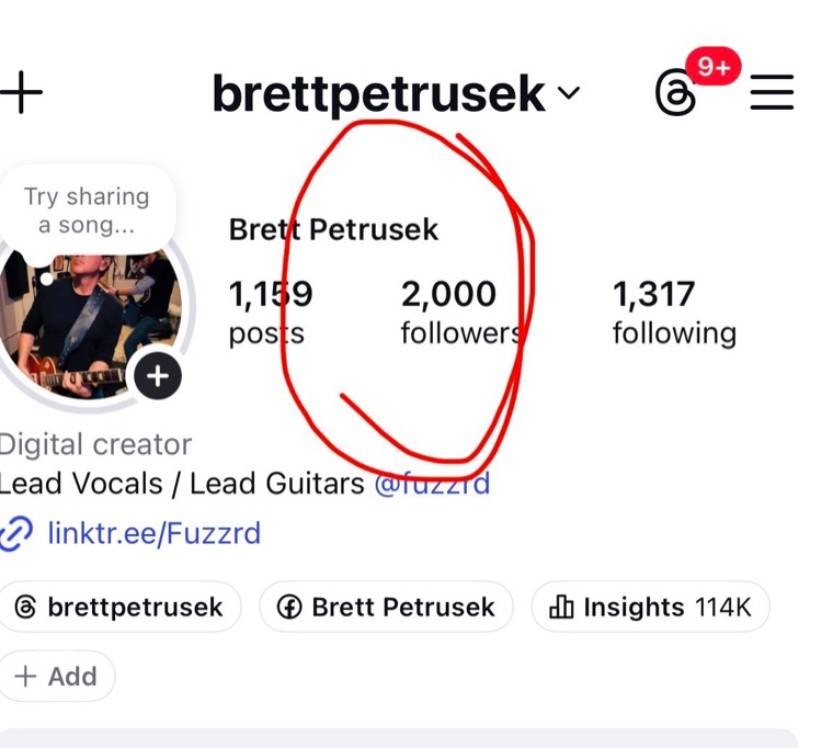 Brett's Instagram profile showing 2,000 followers.