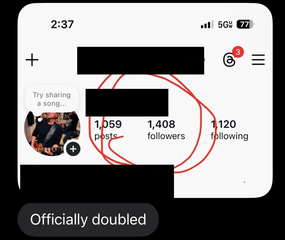 Screenshot of Brett's Instagram profile showing 1,408 followers, with a red circle around the follower count and the caption 'Officially doubled'.