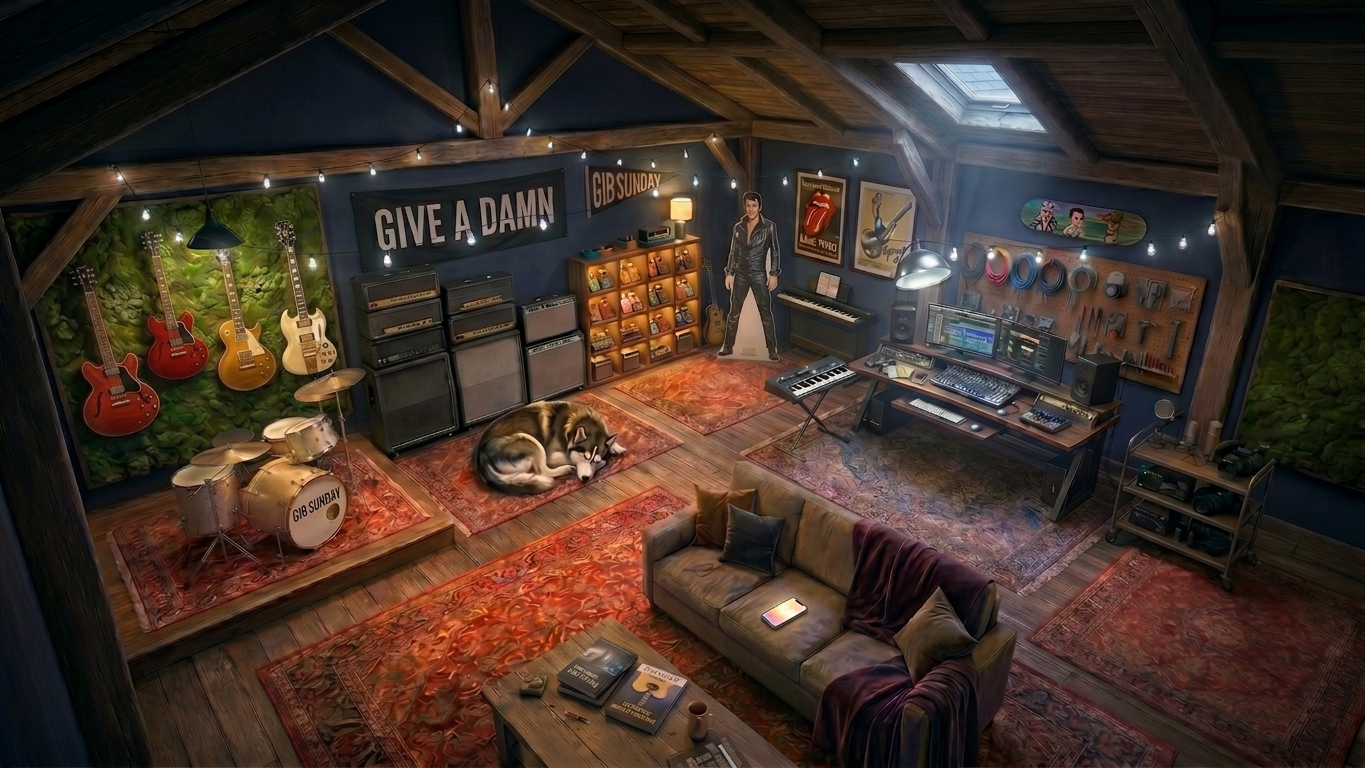 A painterly 3D illustration of Cam's studio loft in three-quarter axonometric view: dark navy walls, a wood beam ceiling strung with warm amber string lights, a skylight showing dusk-blue sky. On the left, a moss wall with a goldtop Les Paul, a cherry red Gibson ES-335 semi-hollowbody, and a sunburst guitar above a champagne bronze drum kit on a wooden riser. Center back wall: a black GIVE A DAMN banner and a smaller GIBSUNDAY pennant above a stack of Marshall and silverface amp heads, a pedalboard cubby glowing warm tungsten, an Elvis Presley cardboard cutout, and a framed Rolling Stones Licks Tour poster. Right side: a production desk with dual monitors, a vintage angled dome studio light on a stand, a workshop pegboard wall with hung tools and color-coded cables. Foreground: a low brown couch with a dark throw, a coffee table with an open notebook, mug, and guitar pick, layered Persian rugs running across the floor. A brown, black, and white husky is curled up asleep on the rug.